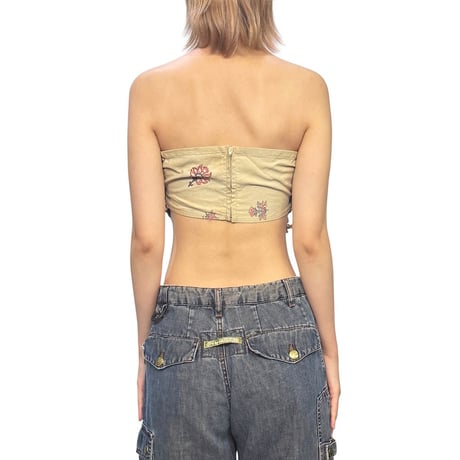 【USED】00's POLO JEANS CO. RALPH LAUREN Indian Cotton Printed Fringe Bustier Top