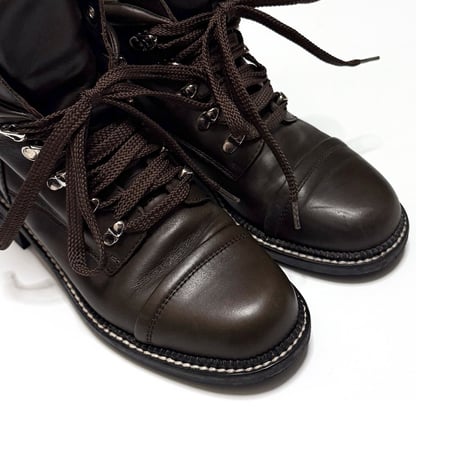 【USED】CHANEL 2015AW Wool Tweed Paneled Lace-Up Leather Short Boots