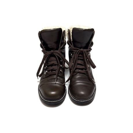 【USED】CHANEL 2015AW Wool Tweed Paneled Lace-Up Leather Short Boots