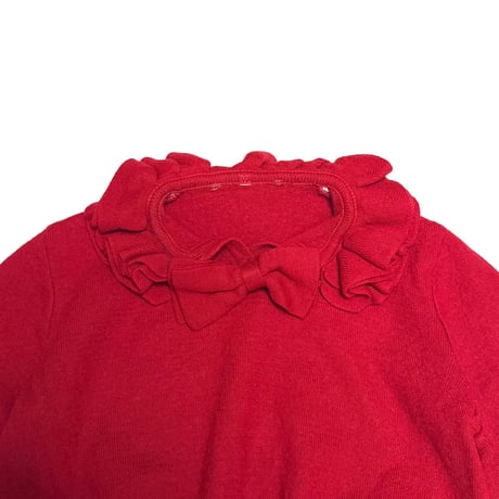 【USED】80's Ruffle Collar Bow Knit Sweater RED