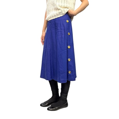 【USED】80's-90's GIVENCHY Royal Blue Linen Side Gold Button Flare Skirt