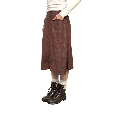 【USED】80's LANVIN PARIS Glen Check Wool Panel Skirt Brown