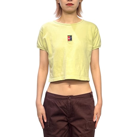 【USED】90's NIKE Tennis Center Logo Cropped T-shirt Lime Green