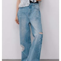 【YENN】[Y264-31140] HIGH DAMAGED WIDE PT（ブルー）