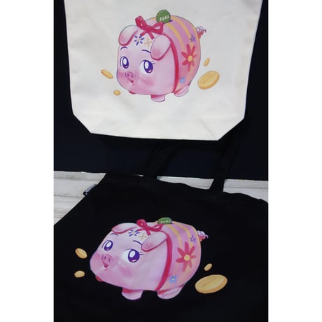 おススメします【香港☆美樂士多】大き目のトートバッグ / ぶたさん貯金箱🐽黑色とオフ白の２色展開 #6093040N