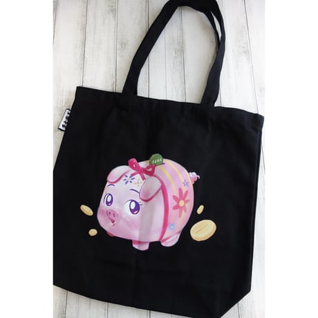 おススメします【香港☆美樂士多】大き目のトートバッグ / ぶたさん貯金箱🐽黑色とオフ白の２色展開 #6093040N