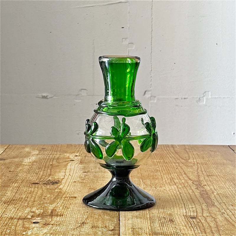 作家展にて…村松学 ガラス 箸立て 花器 カンナカガラス工房 村松 学 ヒモ描き花器 四つ葉紋 クリア×緑 | MARKUS