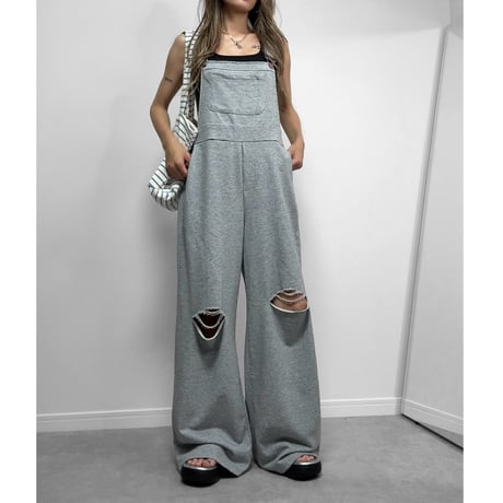 ダメージスウェットサロペット【GRAY】