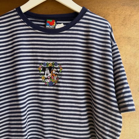 90s ミッキー刺繍ボーダーTシャツ