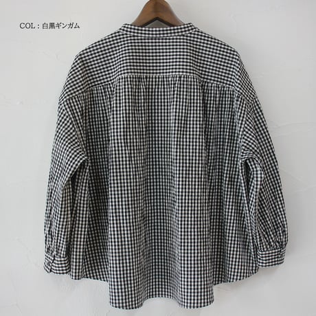 Linenya リネンヤ　コットンバンドカラー長袖シャツ　#ブラックストライプ、ホワイトストライプ、白黒ギンガム