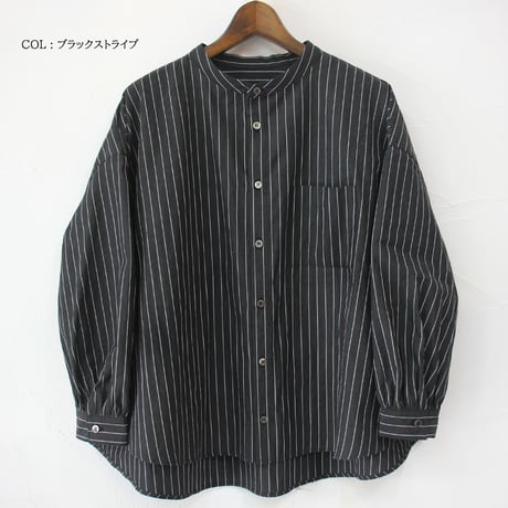 Linenya リネンヤ　コットンバンドカラー長袖シャツ　#ブラックストライプ、ホワイトストライプ、白黒ギンガム