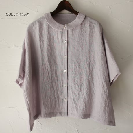 **またまた再々入荷** Linenya リネンヤ　リネンフラットカラー半袖ブラウス　#ブラック、モカ、ライトグレー、ライラック、ホワイト