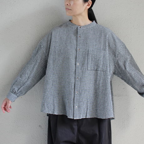 Linenya リネンヤ　コットンリネンバンドカラー長袖シャツ　#白ｘ黒ギンガム、紺ｘ黒千鳥