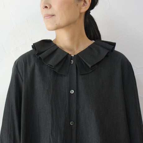 Linenya リネンヤ　ラッフルロングシャツ　#スミ、ブラウンチェック、ブルーシャンブレー　【送料無料】
