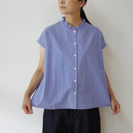 **再入荷** Linenya リネンヤ　コットンストライプフリルカラーフレンチスリーブブラウス　フリルブラウス