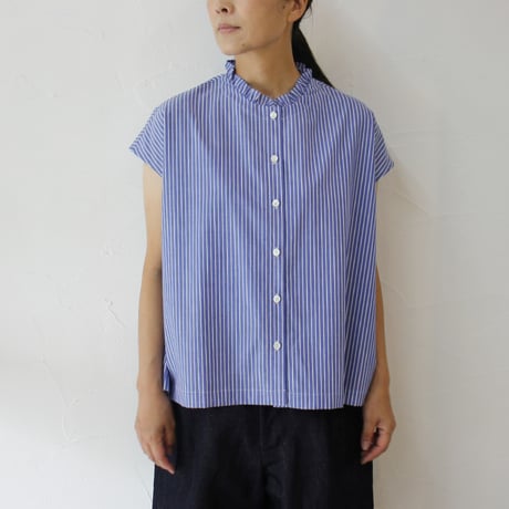 **再入荷** Linenya リネンヤ　コットンストライプフリルカラーフレンチスリーブブラウス　フリルブラウス