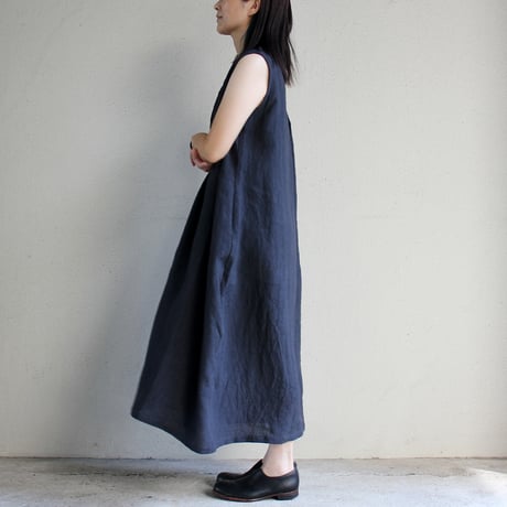 **再入荷** Linenya リネンヤ　リネンノースリーブワンピース　#ネイビー、グレイッシュグリーン　【送料無料】