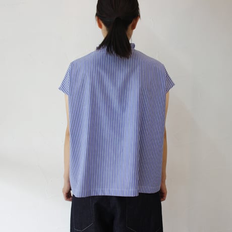 **再入荷** Linenya リネンヤ　コットンストライプフリルカラーフレンチスリーブブラウス　フリルブラウス
