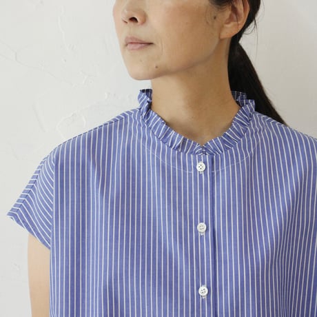 **再入荷** Linenya リネンヤ　コットンストライプフリルカラーフレンチスリーブブラウス　フリルブラウス