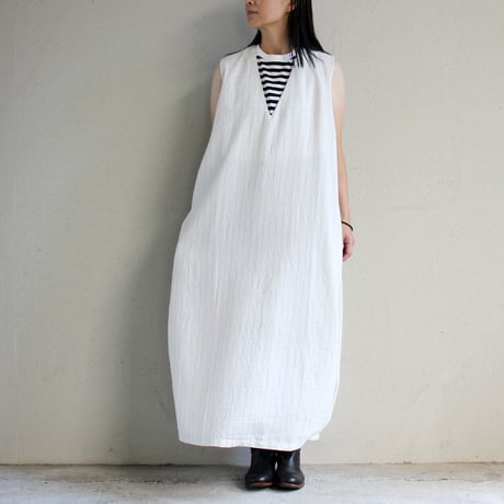 **ラスト一点 MORE SALE** KHA:KI カーキ　FOIL PRINT STRIPE DRESS 箔プリントストライプワンピース　#ecru 【送料無料】