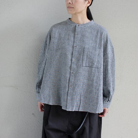 Linenya リネンヤ　コットンリネンバンドカラー長袖シャツ　#白ｘ黒ギンガム、紺ｘ黒千鳥