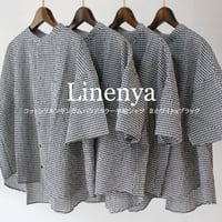 **再々入荷** Linenya リネンヤ　コットンリネンギンガムバンドカラー半袖シャツ　#ホワイトｘブラック　【送料無料】
