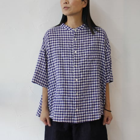 **パープルｘホワイトのみ再々入荷** Linenya リネンヤ　コットンレーヨンギンガムチェックバンドカラー半袖シャツ　【送料無料】