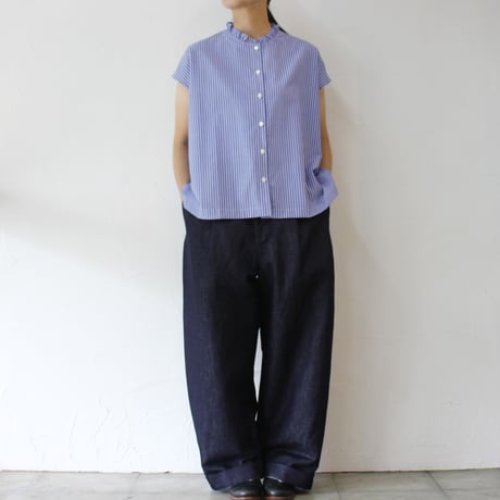 **再入荷** Linenya リネンヤ　コットンストライプフリルカラーフレンチスリーブブラウス　フリルブラウス