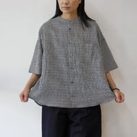 **再々入荷** Linenya リネンヤ　コットンリネンギンガムバンドカラー半袖シャツ　#ホワイトｘブラック　【送料無料】