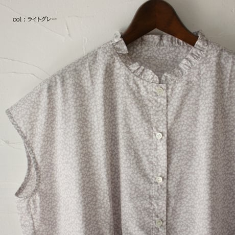 Linenya リネンヤ　LIBERTY Glenjadeフリルカラーフレンチスリーブブラウス　フリルブラウス　#ブラック、ライトグレー