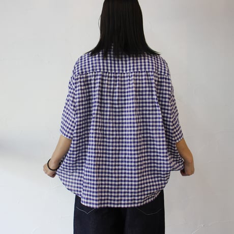 **パープルｘホワイトのみ再々入荷** Linenya リネンヤ　コットンレーヨンギンガムチェックバンドカラー半袖シャツ　【送料無料】