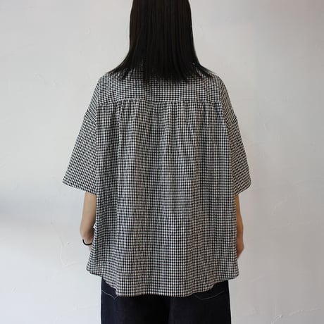 **再々入荷** Linenya リネンヤ　コットンリネンギンガムバンドカラー半袖シャツ　#ホワイトｘブラック　【送料無料】