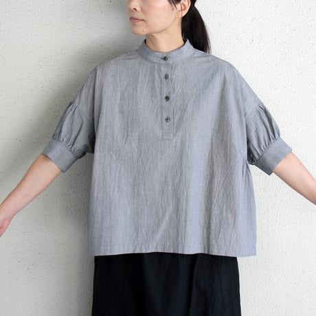 **またまた再入荷** Linenya リネンヤ　オーガニックコットン半袖スタンドカラーブラウス　#千鳥格子　【送料無料】