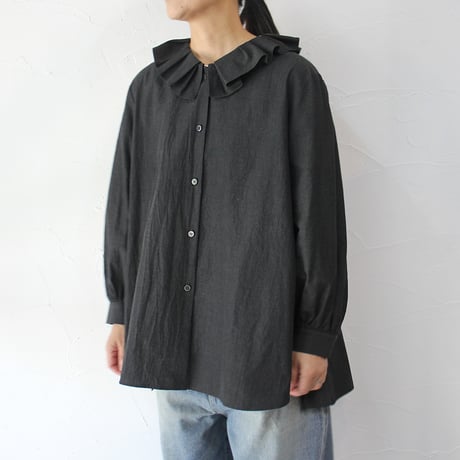 Linenya リネンヤ　ラッフルロングシャツ　#スミ、ブラウンチェック、ブルーシャンブレー　【送料無料】