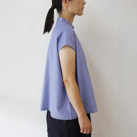 **再入荷** Linenya リネンヤ　コットンストライプフリルカラーフレンチスリーブブラウス　フリルブラウス