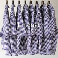 **パープルｘホワイト再生産** Linenya リネンヤ　コットンレーヨンギンガムチェックバンドカラー半袖シャツ　【送料無料】