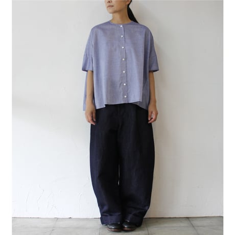 Linenya リネンヤ　コットンテンセルシャンブレーバックギャザー半袖ブラウス