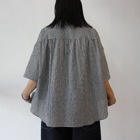 **再々入荷** Linenya リネンヤ　コットンリネンギンガムバンドカラー半袖シャツ　#ホワイトｘブラック　【送料無料】