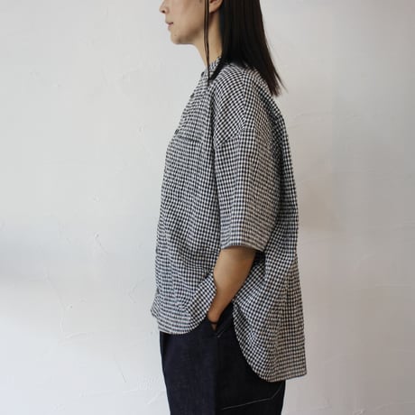 **再々入荷** Linenya リネンヤ　コットンリネンギンガムバンドカラー半袖シャツ　#ホワイトｘブラック　【送料無料】