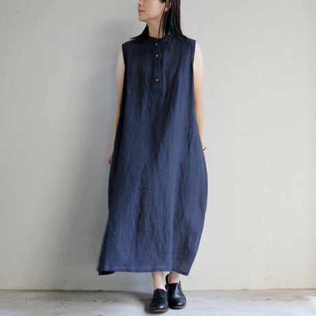 **再入荷** Linenya リネンヤ　リネンノースリーブワンピース　#ネイビー、グレイッシュグリーン　【送料無料】