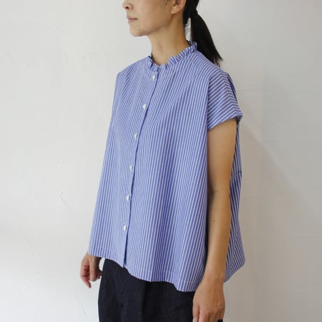 **再入荷** Linenya リネンヤ　コットンストライプフリルカラーフレンチスリーブブラウス　フリルブラウス