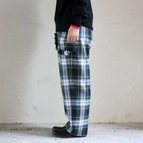 homspun ホームスパン　ウールタータンフリルポケットパンツ　#グリーンｘオフ白　【送料無料】