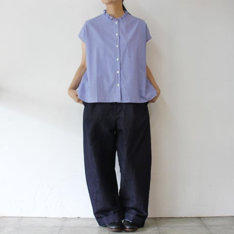 **再入荷** Linenya リネンヤ　コットンストライプフリルカラーフレンチスリーブブラウス　フリルブラウス