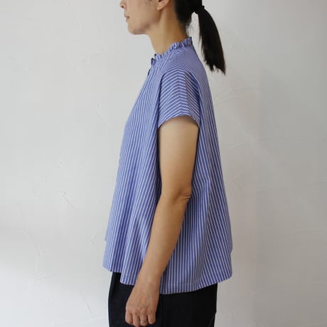 **再入荷** Linenya リネンヤ　コットンストライプフリルカラーフレンチスリーブブラウス　フリルブラウス