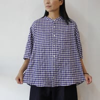 **パープルｘホワイトのみ再々入荷** Linenya リネンヤ　コットンレーヨンギンガムチェックバンドカラー半袖シャツ　【送料無料】