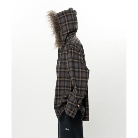 KAMIYA : Fur-Trimmed Hooded Check Shirt