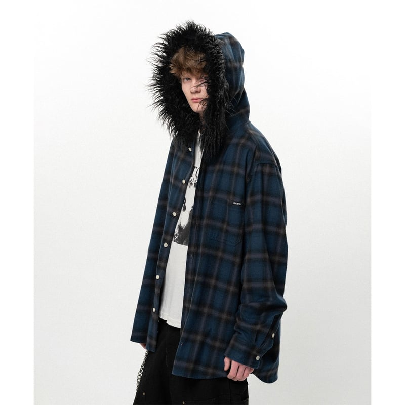 KAMIYA : Fur-Trimmed Hooded Check Shirt | BIRTH