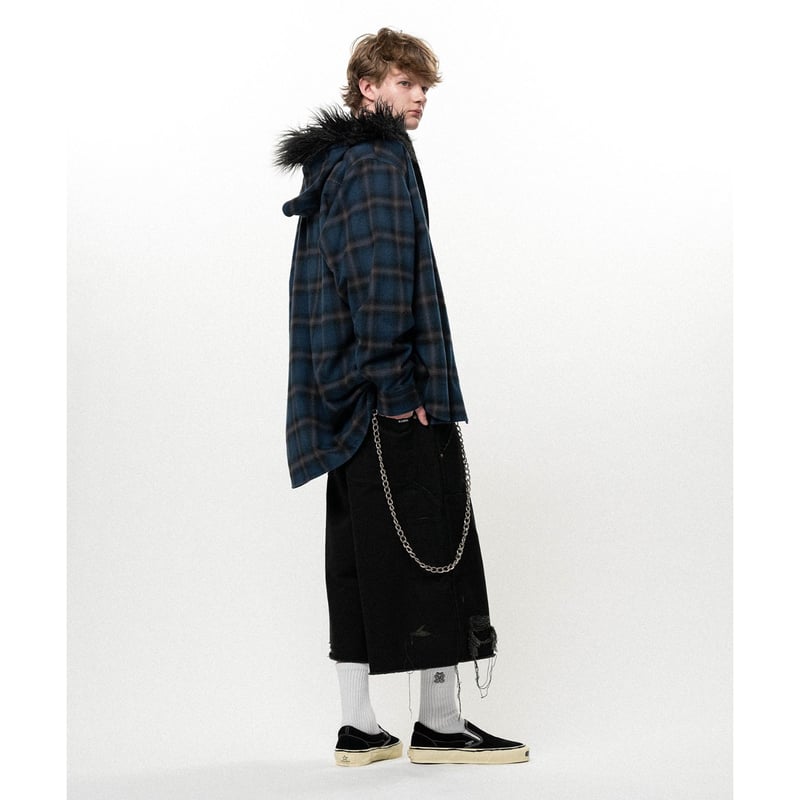 KAMIYA Hooded Check Shirt ブラック KAMIYA : Fur-Trimmed Hooded Check Shirt | BIRTH