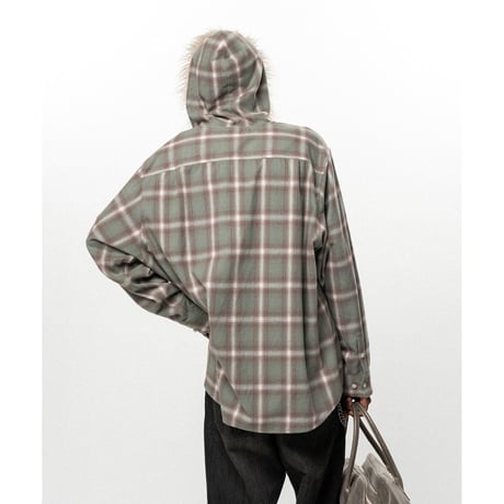 KAMIYA : Fur-Trimmed Hooded Check Shirt