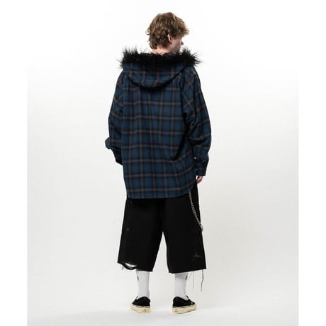 KAMIYA : Fur-Trimmed Hooded Check Shirt